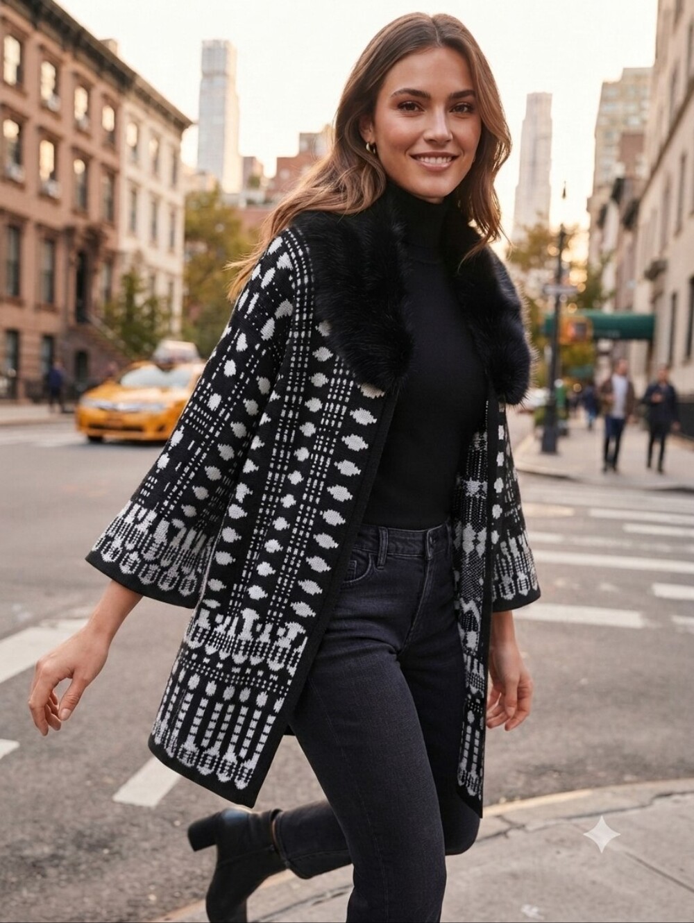 Chico's Black & White Patterned Open Cardigan with Faux Fur Collar